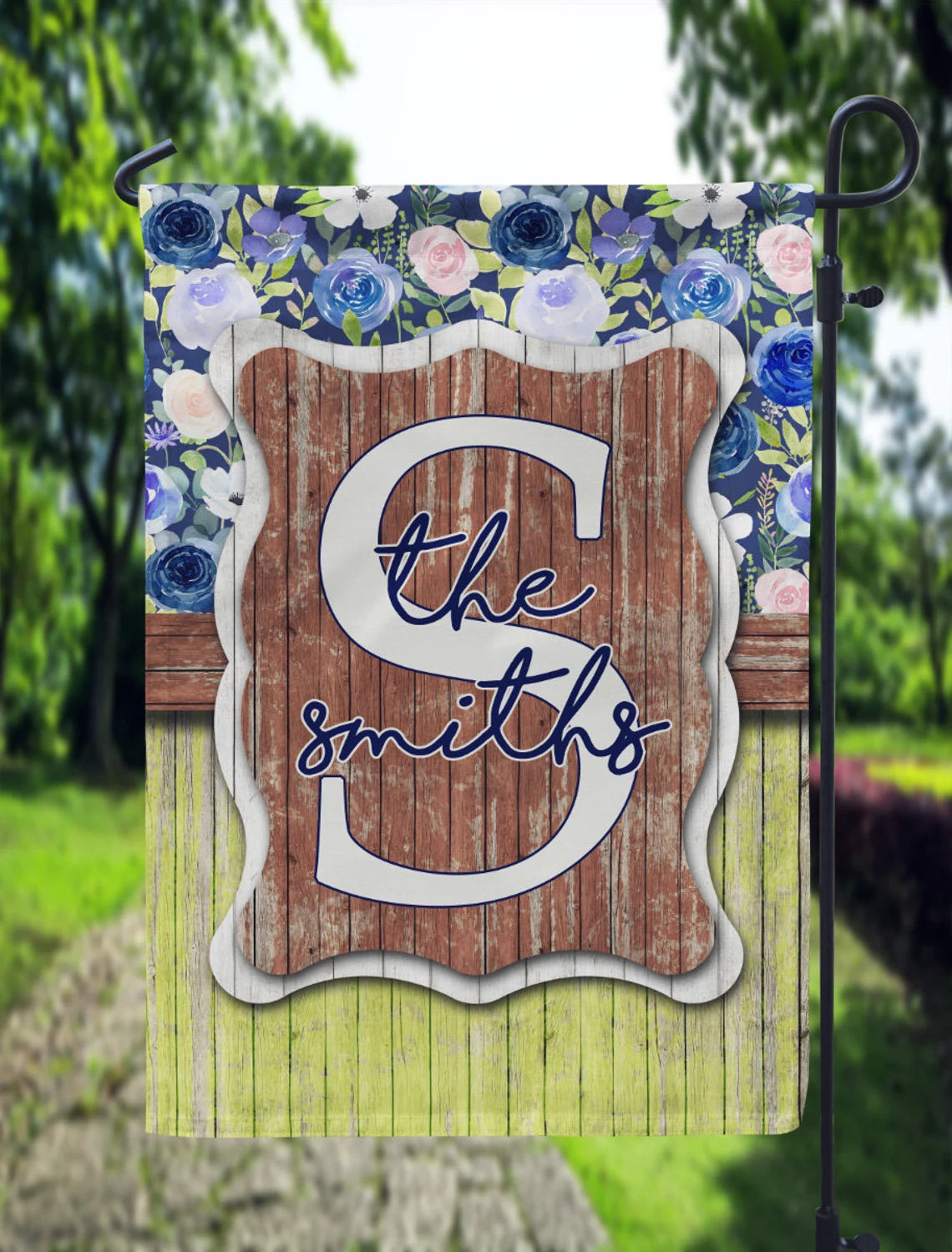 Personalized Blue and Green Garden Flag