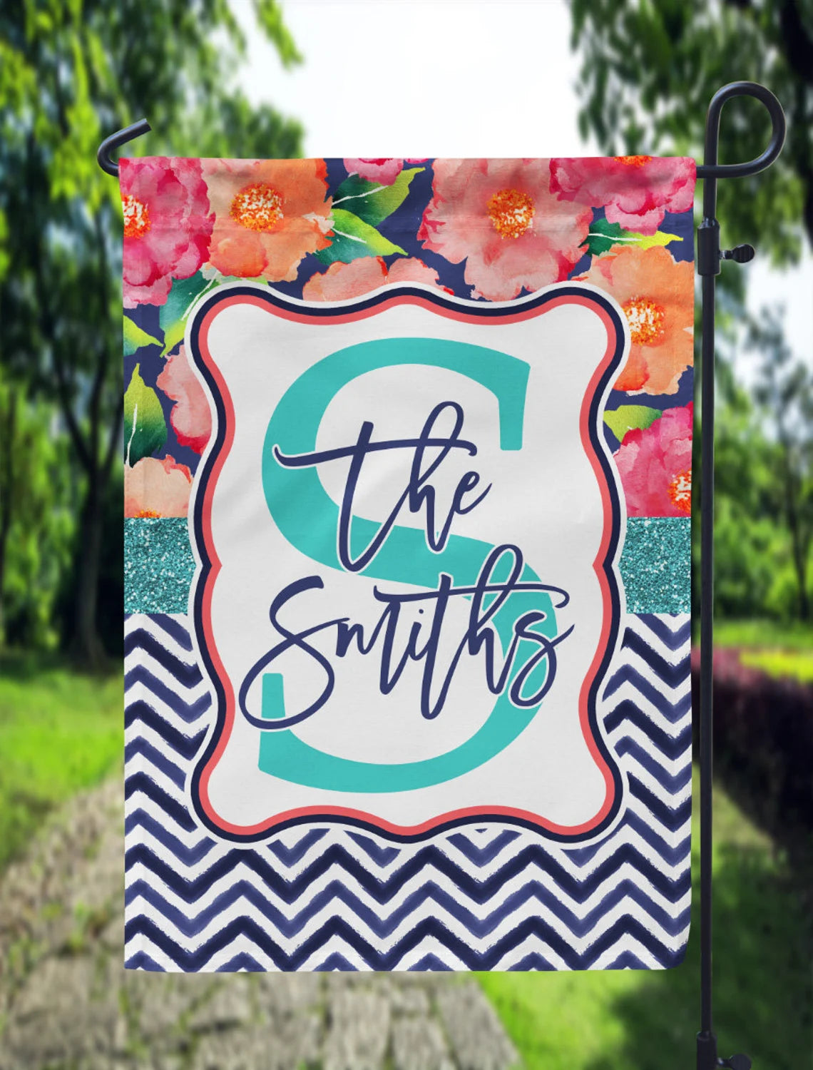 Personalized Navy Floral Garden Flag