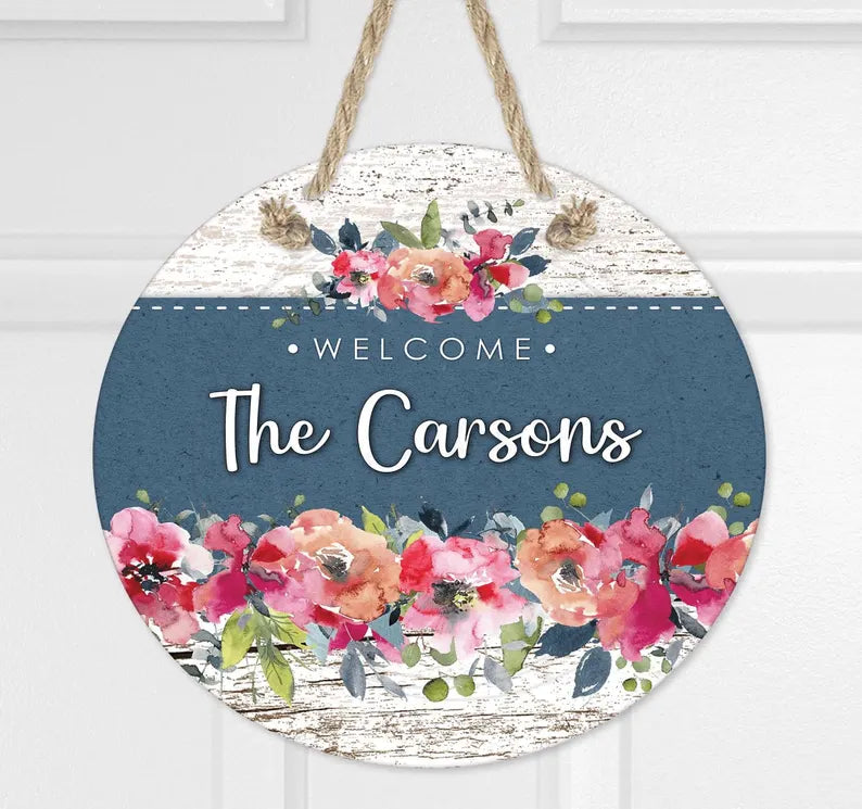 Personalized Floral and Blue Door Hanger