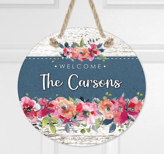 Personalized Floral and Blue Door Hanger