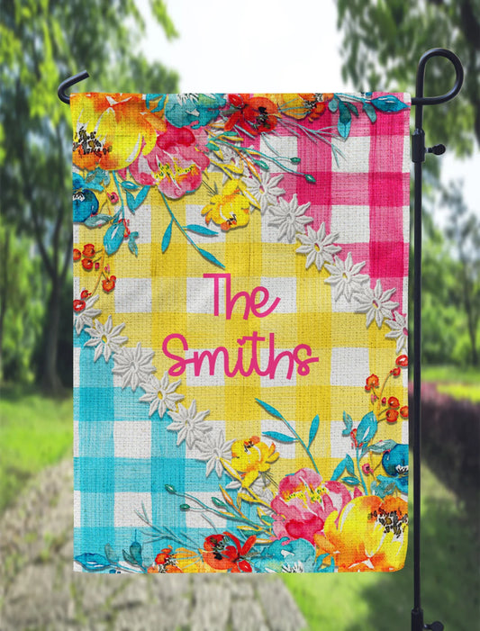 Personalized Bright Floral Gingham Garden Flag