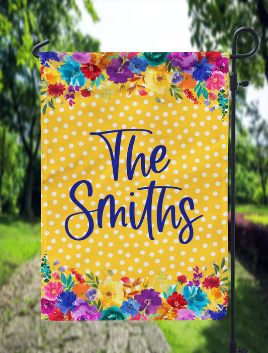 Personalized Bright Mustard Polka Dot Garden Flag