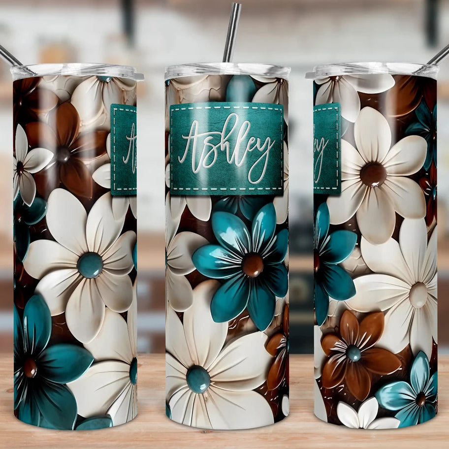 Teal & Cream Floral Name Tumbler