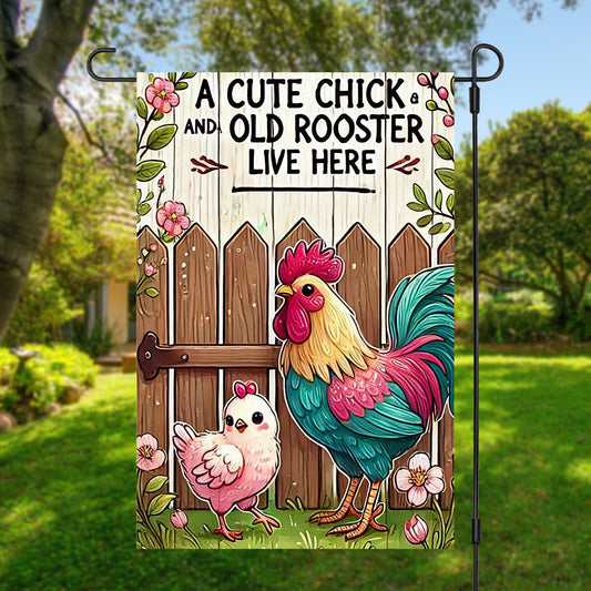 Cute Chick, Old Rooster Garden Flag