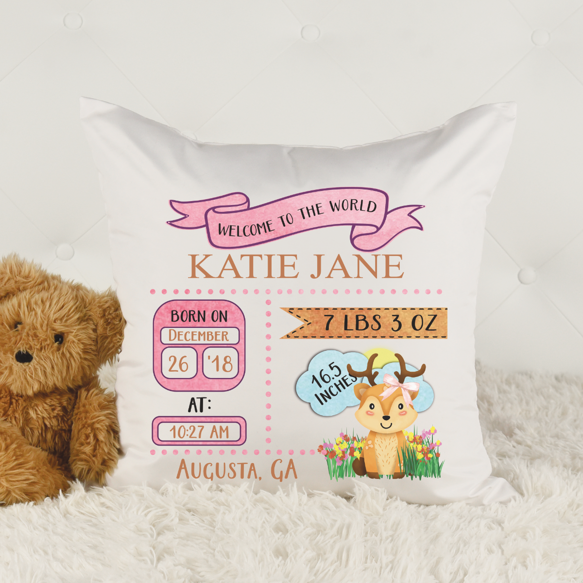 Pink Deer Birth Stat Pillow