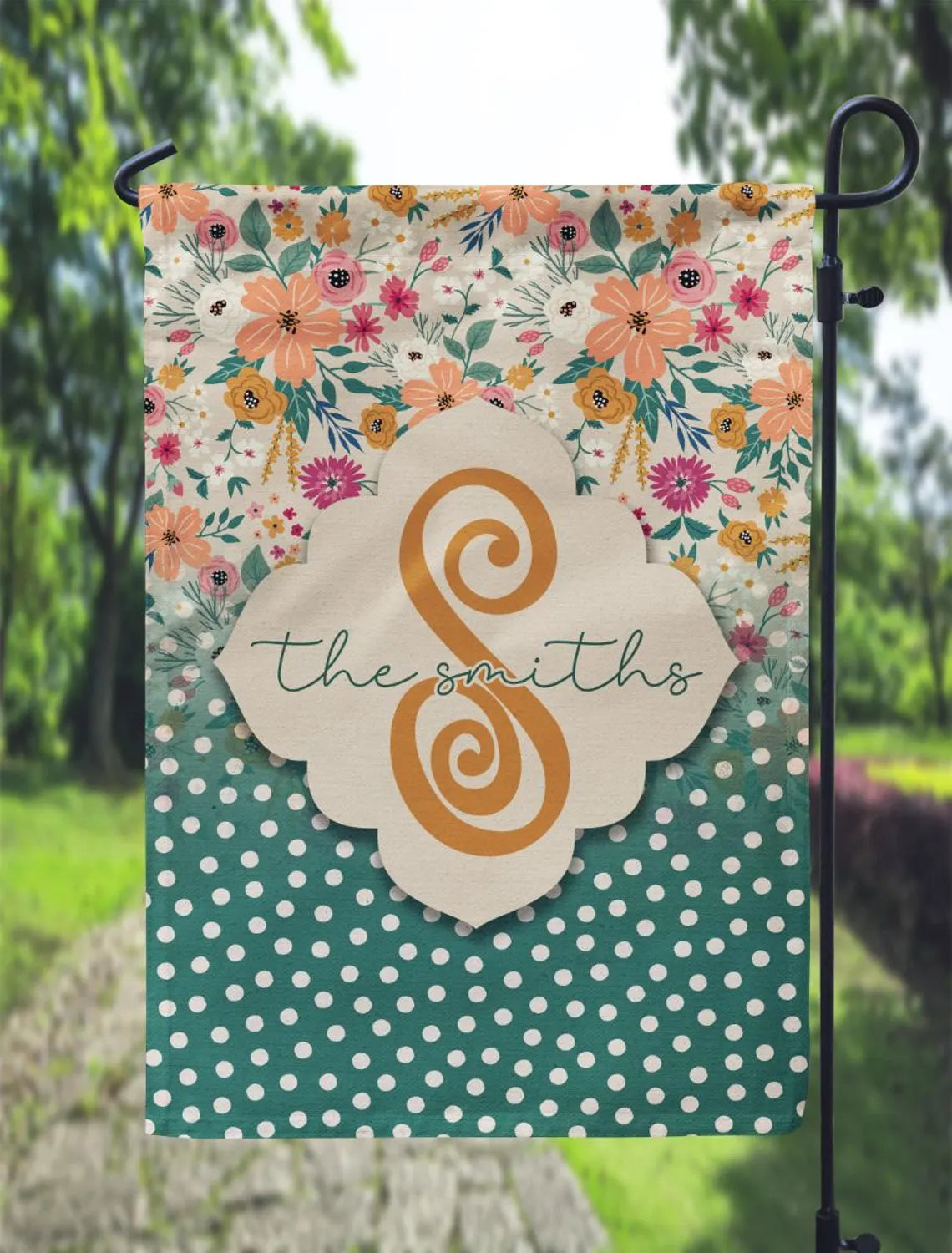 Personalized Floral Polka Dot Garden Flag