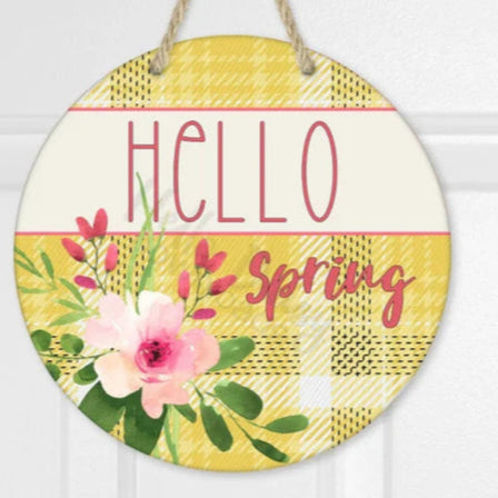 Hello Spring Yellow Plaid Door Hanger