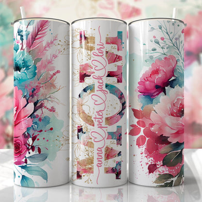 Blue & Pink Floral Mom Tumbler With Names