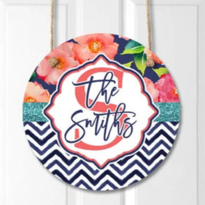 Personalized Floral Chevron Door Hanger