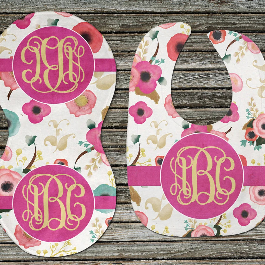 Pink Floral Bib and Burp Cloth