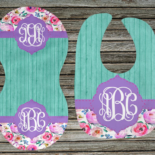 Purple, Teal & Pink Bib and Burp Cloth