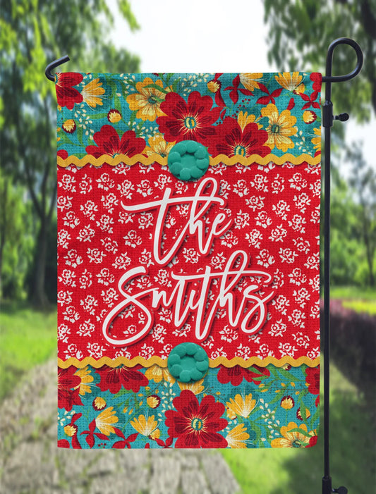 Personalized Red and Teal Garden Flag