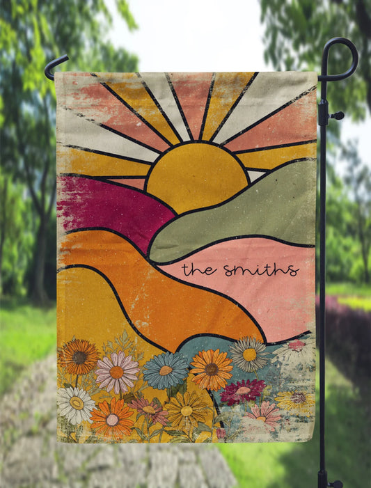 Personalized Retro Hippie Sunset Garden Flag