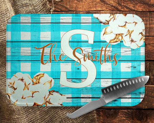 Teal Gingham & Cotton Cutting Board