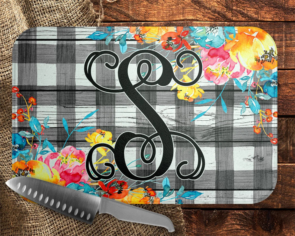 Buffalo Plaid Bright Floral Cutting Board