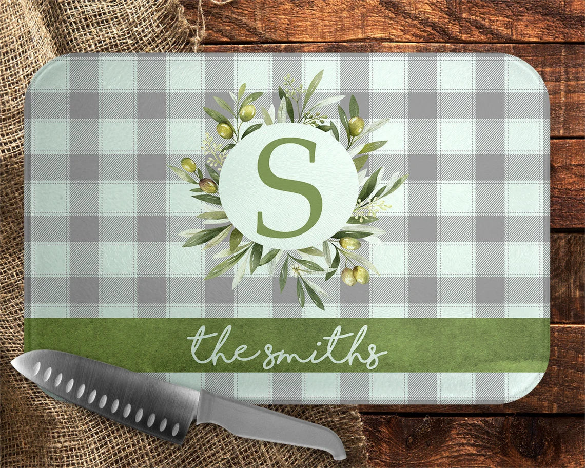 Plaid Olive Wreath Cutting Board