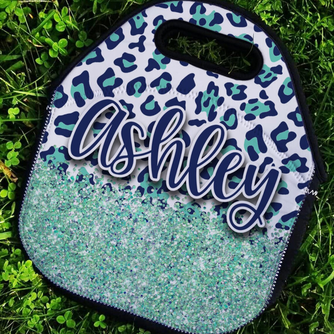 Navy Blue Mint Green Leopard Lunch Bag