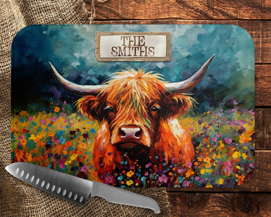 Floral Highland Cow Cutting Board