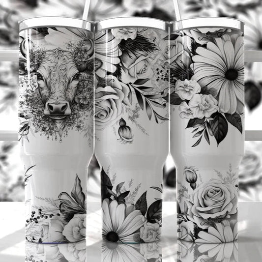 Cow Floral B&W 30-40oz Tumbler (3 Cup Options)